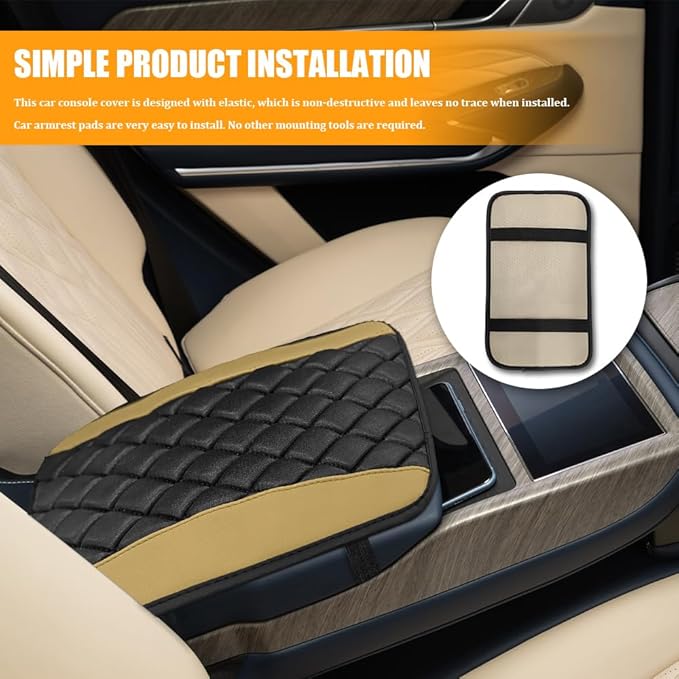 Car Center Console Cover, Leather Waterproof Armrest Seat Box Cushion Pad, Universal Decor Protector Mat, Comfortable Car Decor Accessories Fit for Most Cars, Vehicles, SUVs (Beige)