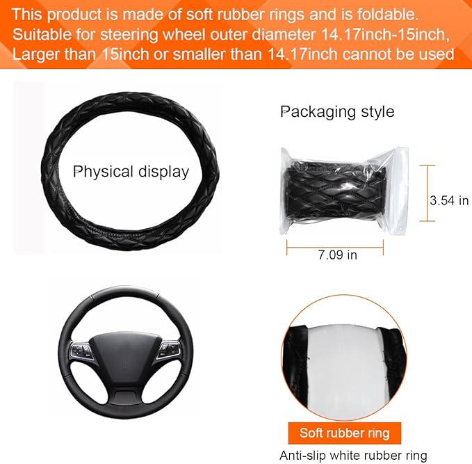 Car Steering Wheel Cover, 15" Soft Rubber Foldable Vehicle Steering Wheel Protector with Anti-Slip Lining, Automobile Interior Decoration Accessories, Universal for Most Vehicles (Black)