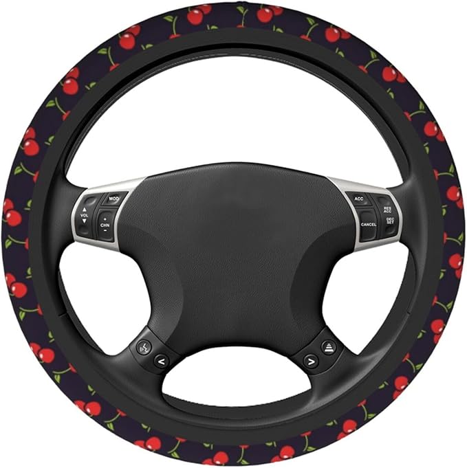 Cute Cherry Steering Wheel Cover for Women Men with 2 Pcs Car Coasters, 15 Inches Neoprene Anti-Slip Cute Universal Red Car Accessories Protective Cover for Vehicle