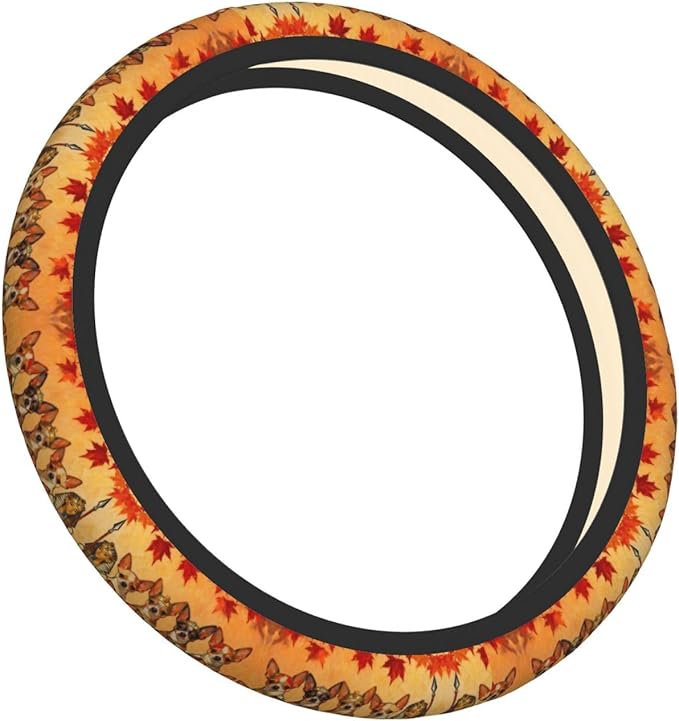 Multi-Color Long-Haired Chihuahua Dog Neoprene Steering Wheel Covers Women Men Car Accessories, Universal 15 Inch Fit Auto, Suvs, Truck