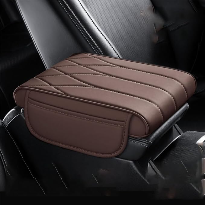 Car Center Console Cover for Ford Bronco Badlands/Sasquatch 2021-2025, Leather Armrest Pad Comfortable Waterproof Arm Rest Box Cushion Protector with Storage Bag,Normal-C/Coffee