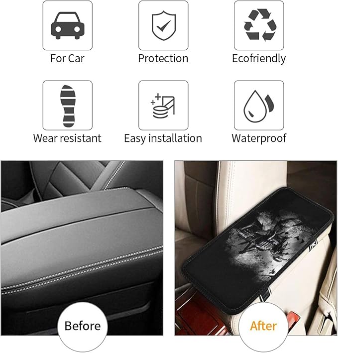DORKEIXIA Japanese Black Samurai Night Line Art Auto Center Console Armrest Pad Universal Car Center Console Cover Seat Box Cover for Sedan, Van, SUV, Truck Car Accessorie