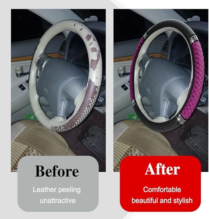 Bling Soft Leather Steering Wheel Cover, Anti-Slip Car Steering Wheel Protector, 15 Inch Rhinestones Soft Leather Elastic Steering Wheel Protector for Women Girls, Car Accessories for Most Cars