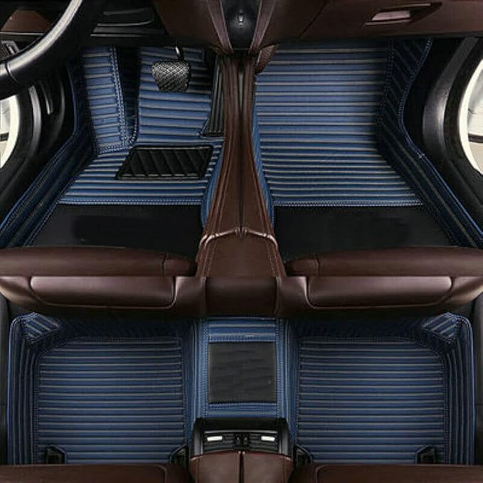 Custom Waterproof Leather Car Floor Mats Fit for Most Car SUV Truck & Sportscar All Weather Protection Vehicles (Dark Blue Stripe)
