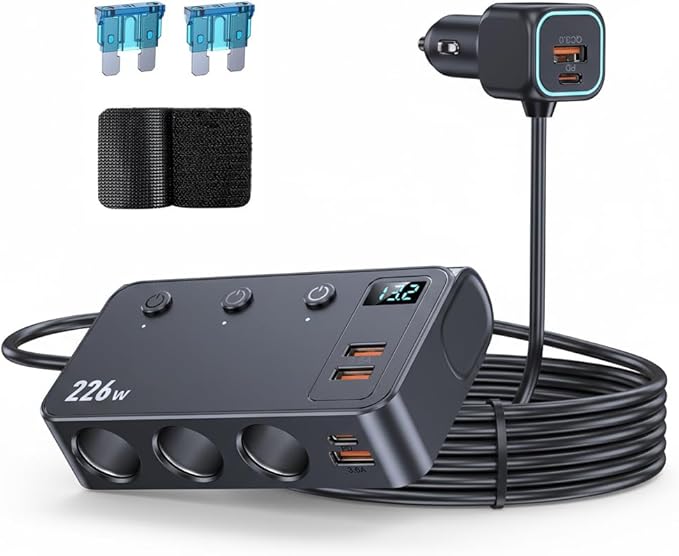 226W Car Charger Cigarette Lighter Splitter, 9-in-1 Multi-Port Car Power Adapter with 3 Sockets, Dual PD USB-C, 4 USB Ports, LED Voltmeter, Fast Charging for 12V–24V Vehicles