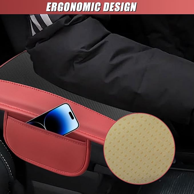 Car Center Console Cover, Carbon Fiber Leather Car Armrest Cover Protector, Auto Middle Console Support Pad with Side Storage, Universal Storage Box Cushion for Most Vehicle Interior (Red)