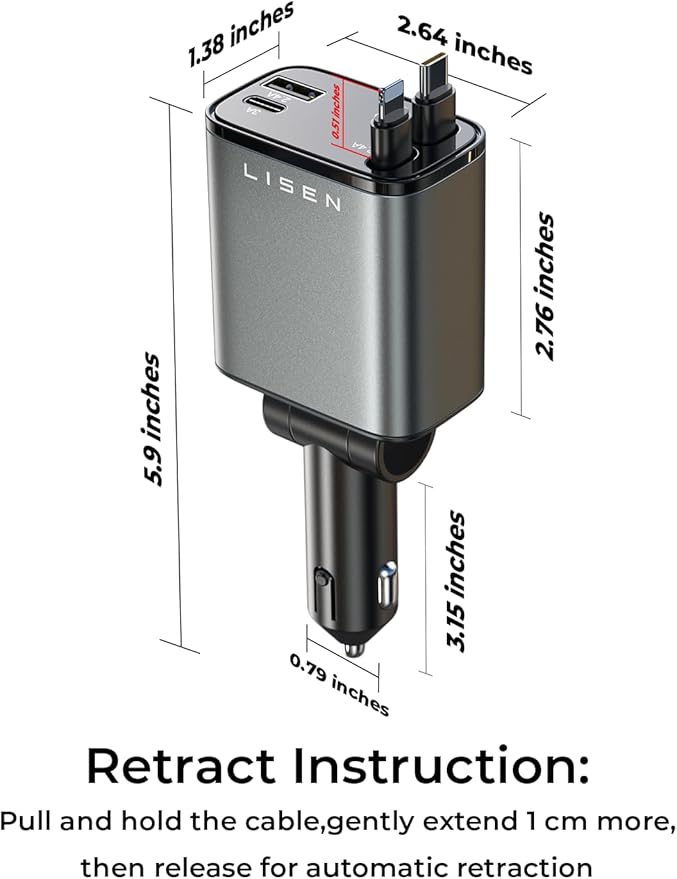 LISEN Retractable Car Charger, 69W Cars Adapter USBC Fast Charger for iPhone 17 16 Pro Max, Car Accessories for Valentines Day Gifts for him Her Birthday Gifts for Men Women 2026 Tech Gadgets for Men