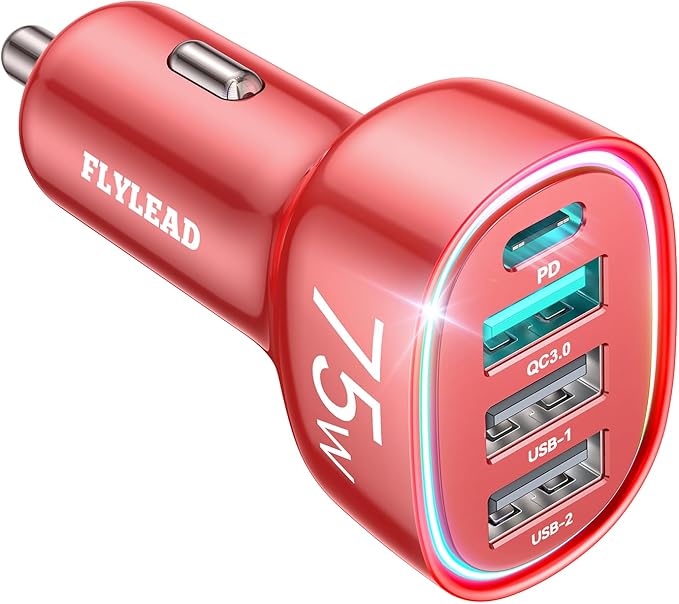 FLYLEAD USB C Car Charger Cigarette Lighter Adapter 75W 4-Port Fast Car Charger Fast Charging Compatible with iPhone17/16/15/14/13 Series- RED