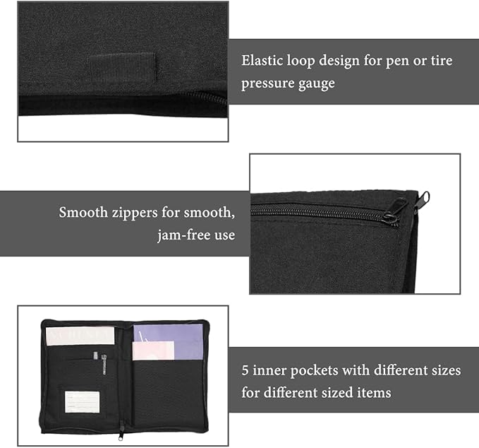 Car Registration and Insurance Holder, Glove Box Compartment Document Holder Owner Manual Case, Soft Zippered Pouch Multi-Pocket Glove Bag for Auto Insurance License Cards