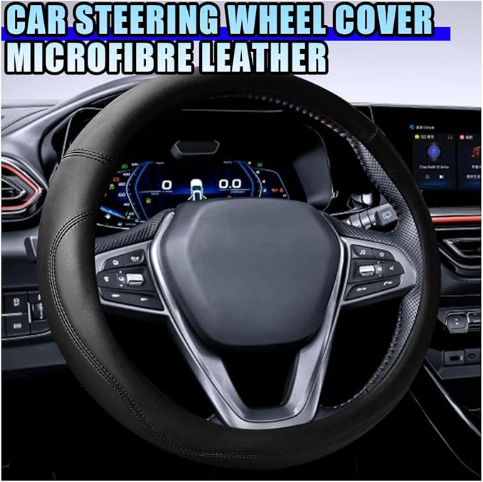 14.5"-15" Car Steering Wheel Cover, Microfiber Leather Breathable Wheel Cover, Anti-Slip Lining Steering Wheel Covers, Car Accessories Interior Decoration for Women Men (Black)