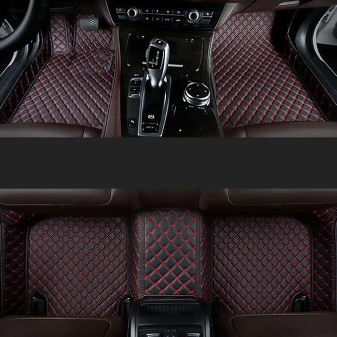 Custom Making Car Floor Mats for 96% Car Model Luxury Leather All Weather Waterproof Anti-Skid Full Coverage Liners (Black red)