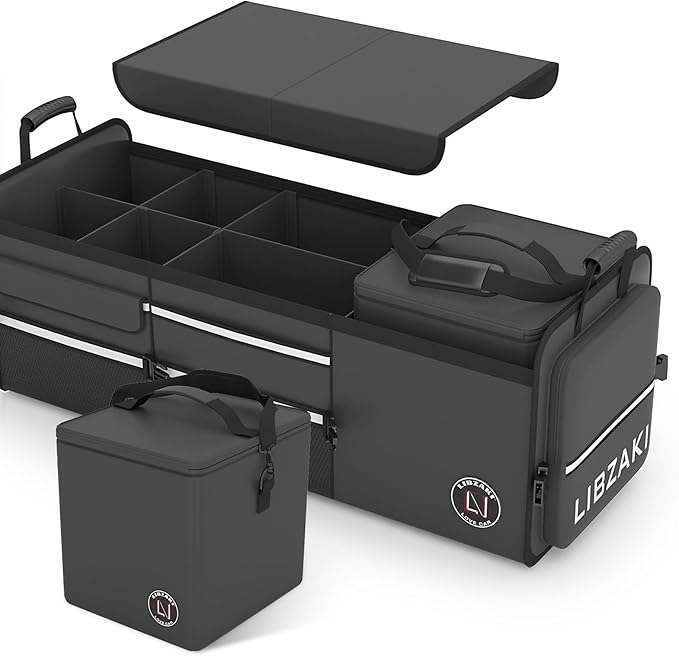 LIBZAKI Oversize 4 in 1 Car Trunk Storage Organizer, Multi Compartment Collapsible Trunk Storage Box with Cooler Bag for Car Truck SUV-Black