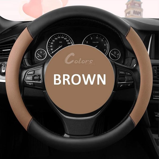 Universal Leather Car Steering Wheel Cover Colorful Steering Wheel Cover Cute Women 15 Inch Steering Wheel Protector (Brown)