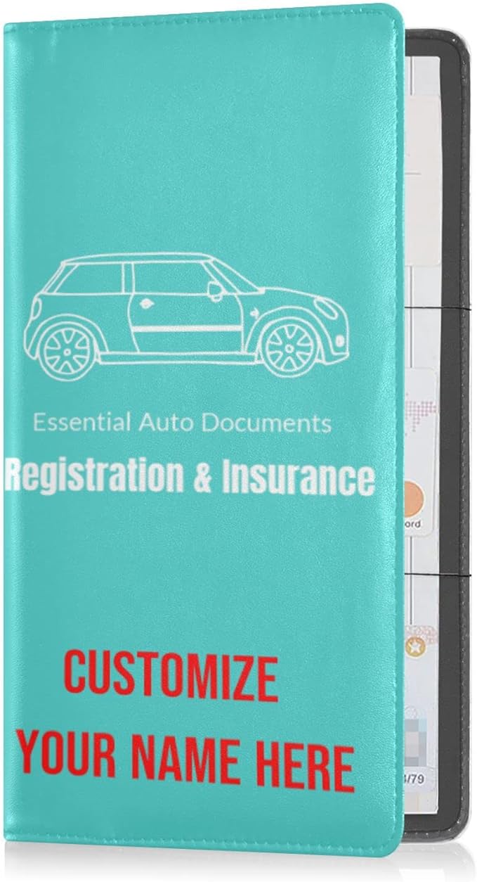 Custom Car Registration and Insurance Card Holder Personalized Leather Glove Box Organize Men Women Wallet Accessories Case for Cards, Essential Document Driver License Turquoise