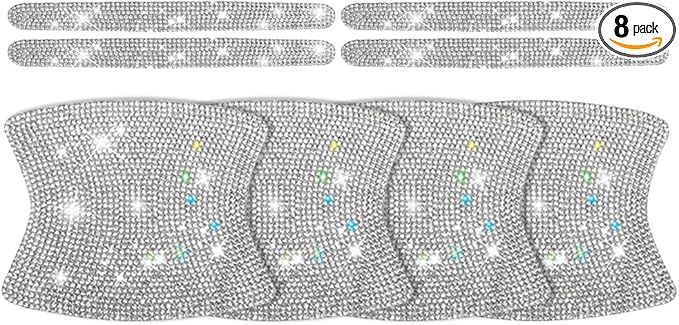 8PCS Bling Car Door Handle Protector, Crystal Rhinestone Anti-Scratch Vehicle Door Handle Bowl Stickers, Glitter Automotive Exterior Decal Accessories, Universal for Vehicles (White)