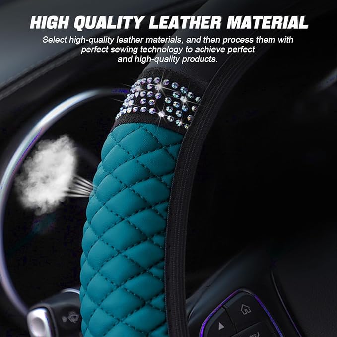 LoyaForba Bling Soft Leather Steering Wheel Cover, 15 In Colorful Rhinestones Auto Elastic Steering Wheel Protector, Sparkly Crystal Diamond for Women Girls, Car Accessories for Most Cars (Dark Green)