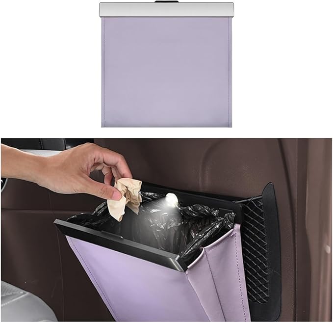 Car Trash Can, Smart LED Magnetic Hanging Leather Vehicle Backseat Garbage Bag Storage Pocket, Multifunctional Portable Auto Rubbish Container, Universal for Truck SUV Sedan (Purple)