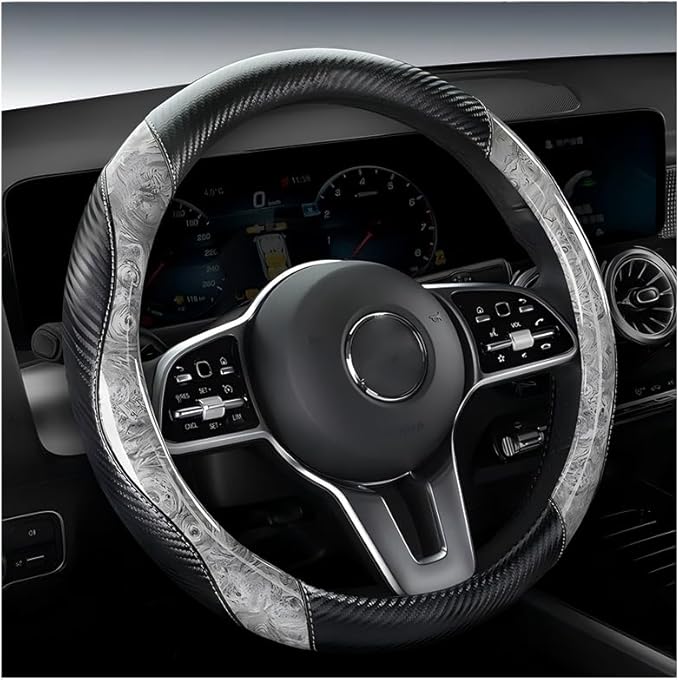 Wood Grain Steering Wheel Cover Carbon Car Steering Wheel Covers 14 1/2-15 inch with Coasters Microfiber Leather Splicing Breathable Anti-Slip Durable Universal Steering Wheel Protective - Gray