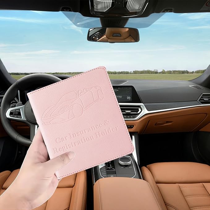 Car Registration and Insurance Holder, Vehicle Glove Box Organizer with Magnetic Closure, PU Leather Embossed Auto Card Document Holder Accessories, Universal for SUV, Truck, RV（Pink）