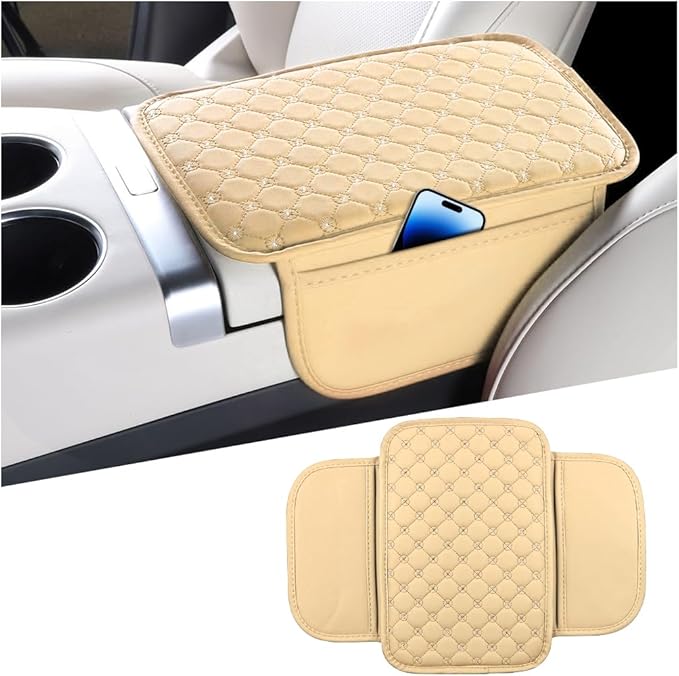 Bling Car Center Console Cover, Leather Crystal Rhinestone Vehicle Armrest Cushion Pad with Side Storage Bags, Scratch Resistant Auto Middle Console Protection Mat, Universal Fit (Beige)