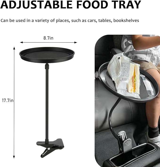 Adjustable Food Tray for Car, 360° Swivel Non-Slip Car Food Table for Drinks and Snacks, 8.7 Inches Diameter Swivel Car Clip Type Tray for Eating, Universal Car Accessories (Black)
