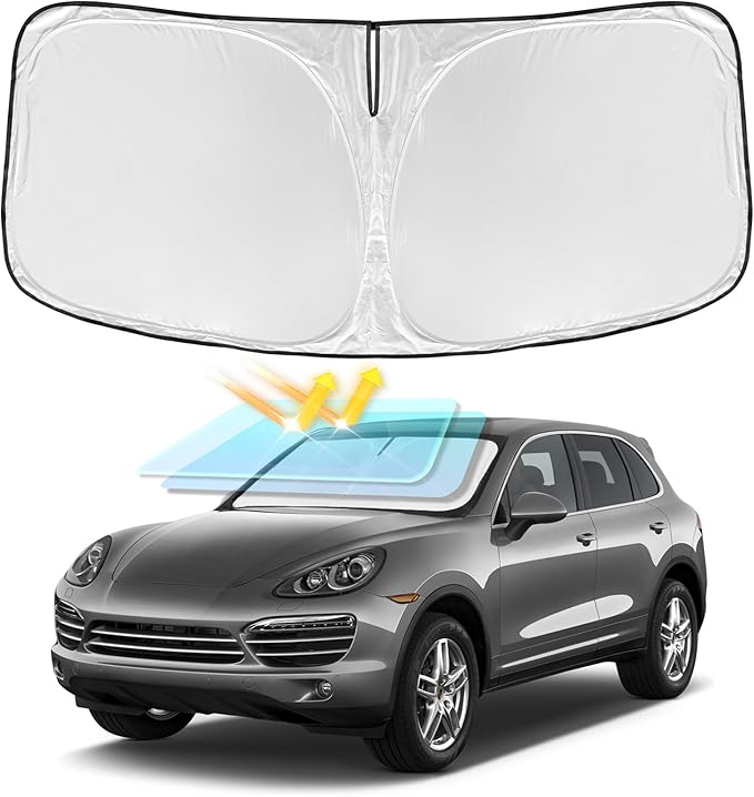 for Porsche Cayenne 2019-2024 2025 Windshield Sun Shade - 4 Layers Car Sunshades for Front Windows Shade Cover Custom Fit Cayenne Sun Visor 240T Retractable Shade Blocks UV Rays Car Accessories