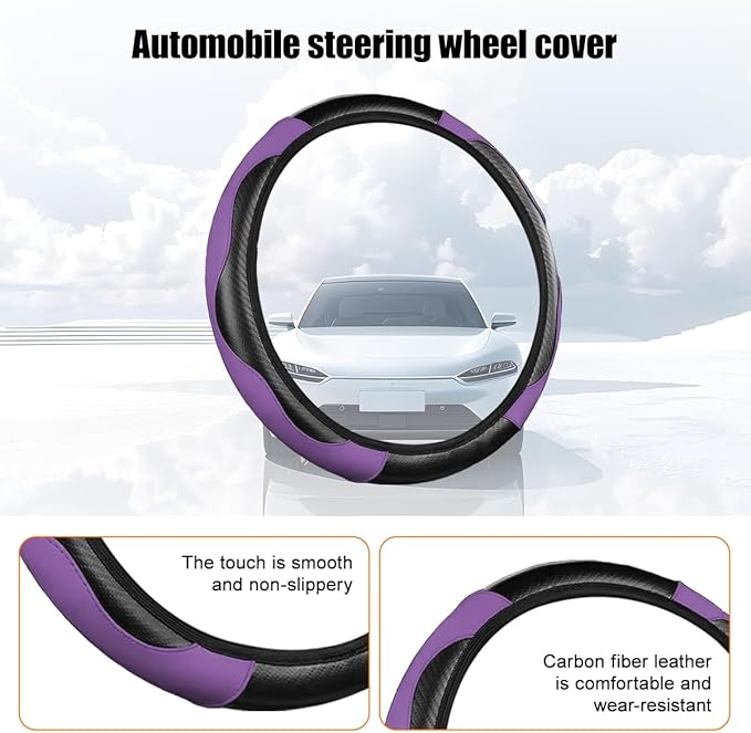 Carbon Fiber Car Steering Wheel Cover, 14.5-15 Inch Elastic Stretch Steering Wheel Guard, Sports Style Non-Slip Automotive Interior Accessories, Universal for Vehicles (Black/Purple)
