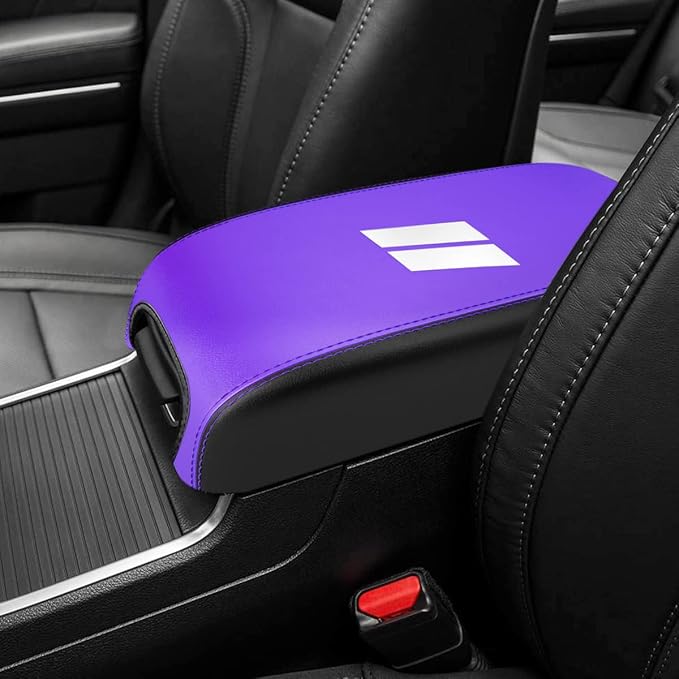INTGET Center Console Cover for Dodge Charger Accessories 2011-2020 2021 2022 2023 for Chrysler 300 2015-2022 Leather Armrest Cover Console Lid Protector Cushion Pad(Black with Purple, Leather)