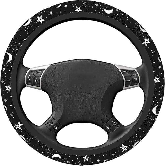 Black White Moon Star Neoprene Steering Wheel Cover Anti-Slip Elastic Moon Steering Wheel Protective Cover 15in Universal Car Accessories Fit Cars, SUVs, Auto