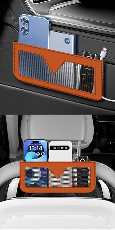 Berfi Life Car Seat Side Pocket Organizer, Car PU Leather Mesh Storage Bag Pouch, Vehicle Seat Gap Filler for Keys, Phone, Sunglasses, Registration, and Documents