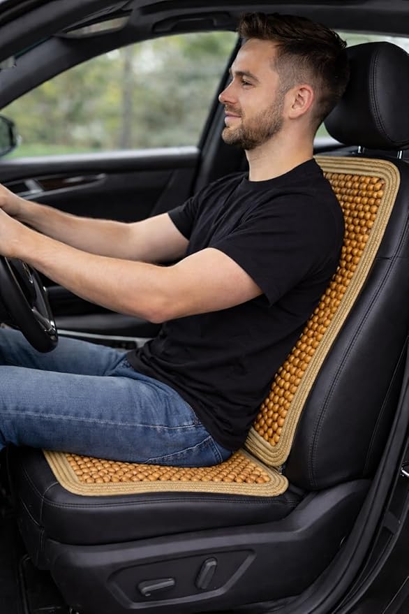 VaygWay Wood Beaded Comfort Seat Cushion Seat Cover – Wooden Beaded Car Seat Cover – Natural Wood Double Strung Beads – Massage Comfort Car Chair Cushion– Universal SUV Auto Office Home