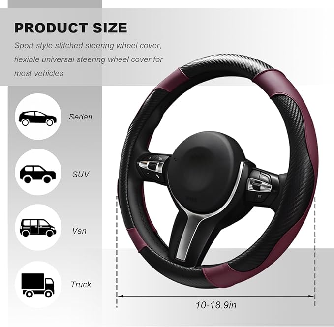 Car Steering Wheel Cover, 15 Inch Carbon Fiber Elastic Vehicle Steering Wheel Protector, Breathable Leather Auto Wheel Covers for Women Men, Interior Car Accessories (Wine Red)