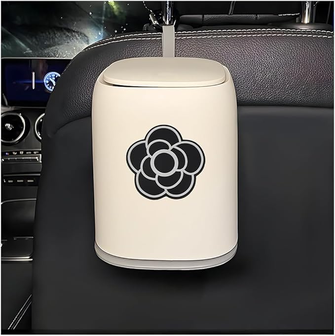 Car Trash Can Bin with Lid, Leakproof Cute Cartoon Style Hanging Car Flip Lid Trash Can, Detachable Garbage Bin Organizer Storage for Car Truck SUV Sedan, Car Accessories (Black Camellia)