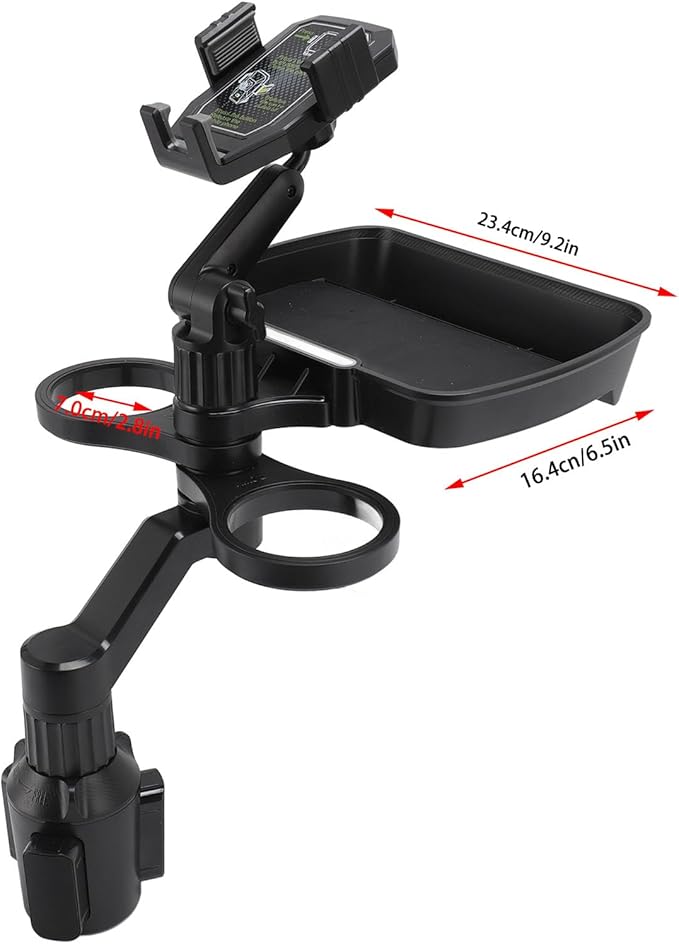 Car Cup Holder Expander Tray, 360° Rotatable Detachable Car Food Table Tray with Phone Mount, Dual Cup Holder Expander with Adjustable Base