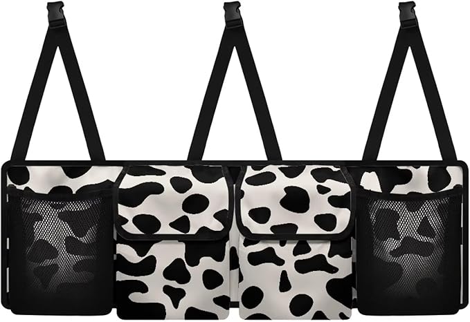SEANATIVE Cow Print Car Trunk Organizer, Auto Waterproof Sturdy Backseat Hanging Large Storage Collapsible Cargo Bag with Anti-Slip Adjustable Strip, Vehicle Interior Accessories for Woman