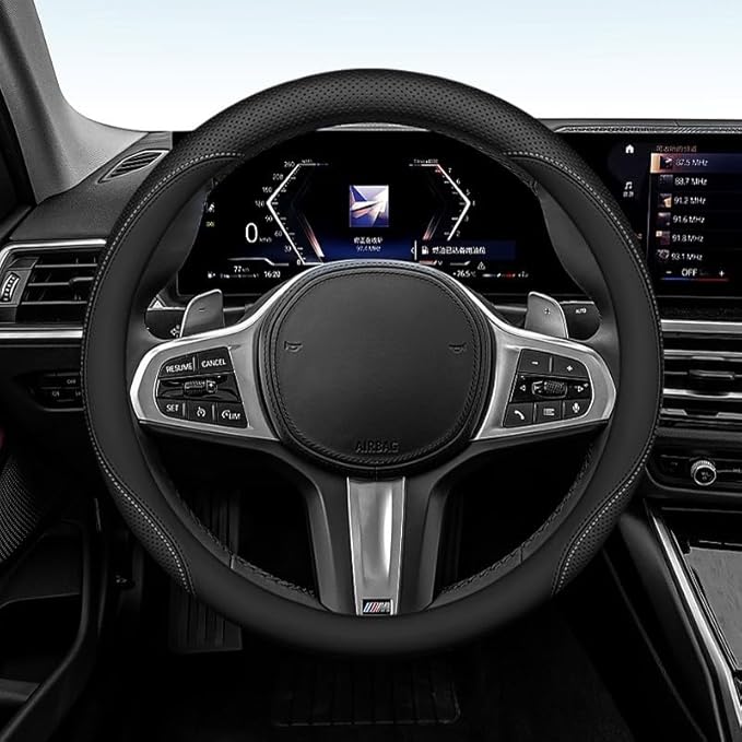 Leather Steering Wheel Cover 15 Inches Car Steering Wheel Cover Stretchy Easy Installation Durable Breathable Non-Slip for Honda Civic Accord Fit CRV HRV Pilot Odyssey Accessories -Black
