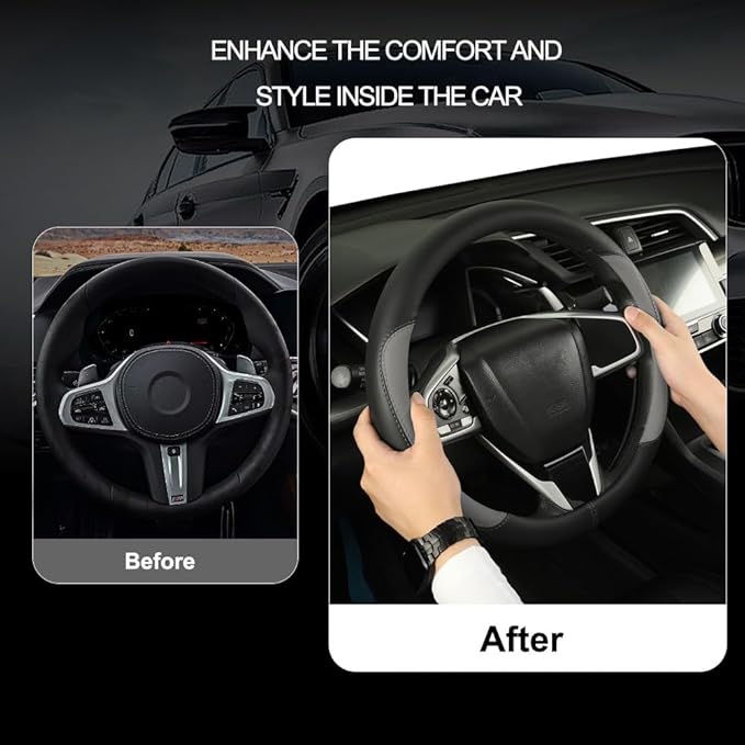 Car Steering Wheel Cover,Microfiber Leather Steering Wheel Cover Universal 14.5-15 inch, Anti-Slip Breathable Auto Wheel Cover Protector for Men Women (Black&Gery)