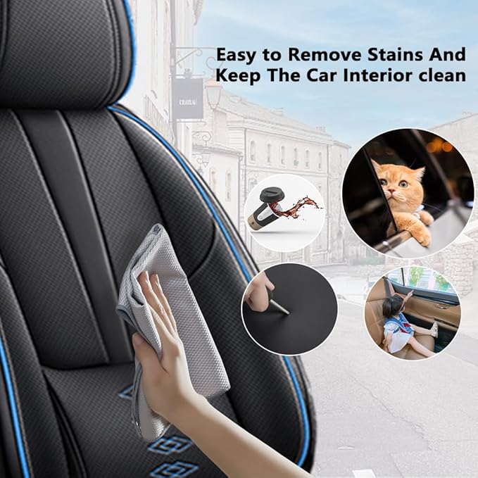 Premium Universal Car Seat Cover, Comfortable Leather Seat Cover for 96% of Models, Waterproof Car Seats Protectors Cushions for 2 Seats(Black+Blue,Pillows)