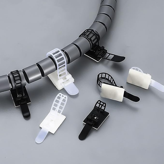 100Pcs Adhesive Cable Management Clips, Adjustable Nylon Strap Ties, Self Adhesive Wire Clamps Organizer with Strong Fixation for Office Home and Car, Reusable Cable Ties for Power (Black)