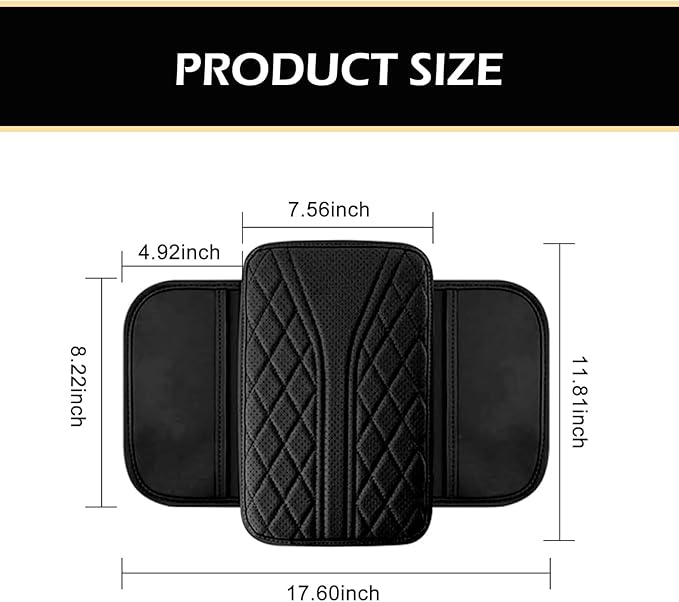 Car Center Console Cover, Leather Vehicle Armrest Protector Cushion with 2 Side Storage Bags, Auto Breathable Middle Interior Accessories, Universal for SUV, Sedan, Truck (Black)