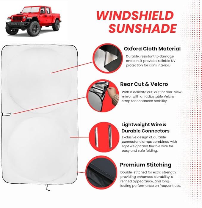 kinder Fluff Windshield Sunshade for Jeep Wrangler, Rubicon, Sahara, Gladiator, Sport S, Willys 41, High Altitude, 4xe | Certified Car Window Shade Blocks 99.9% UVR | Sun Protection Car Accessories