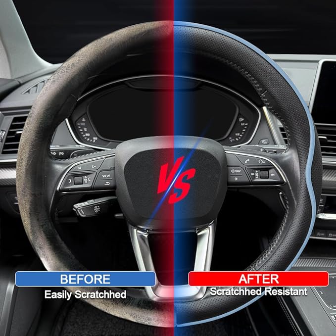 HAOTULE Leather Steering Wheel Cover， with Anti-Slip Stripe Design - Enhanced Grip, Fashion Style, Safe, Non-Slip, Breathable. Upgrade car Interior，Black Blue