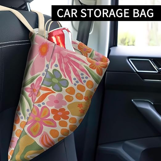 Car Trash Can, Cute Car Trash Bag, Hanging Car Organizer and Storage Bag, Trash Bin for Car Accessories, Vehicle, Travelling, Camping Cute Pink Flowers