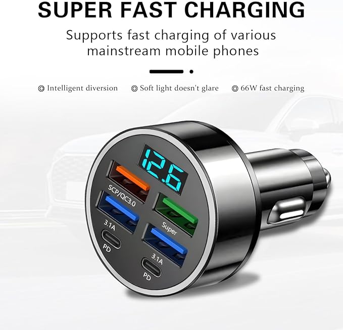 6 Ports 66W Car Charger, 12-24V Super Fast Charging with USB 3.1A PD&QC 3.0 with LED Voltmeter for Cigarette Lighter Plug, Compatible with All Smartphone, Universal Auto Accessories