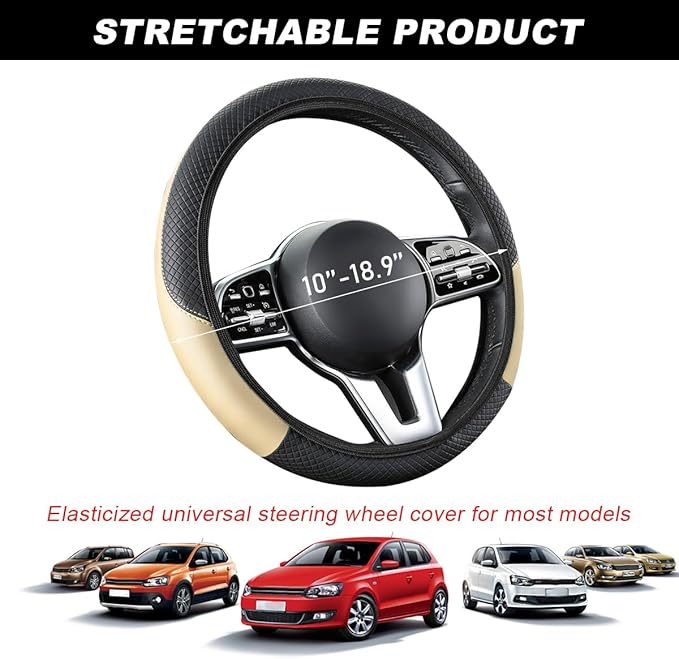 Car Steering Wheel Cover, 15 Inch Carbon Fiber Leather Stitching Color Steering Wheel Protector, Anti-Slip Elastic Breathable Steering Wheel Cover Stylish Decor for Most Cars (Beige, AD)