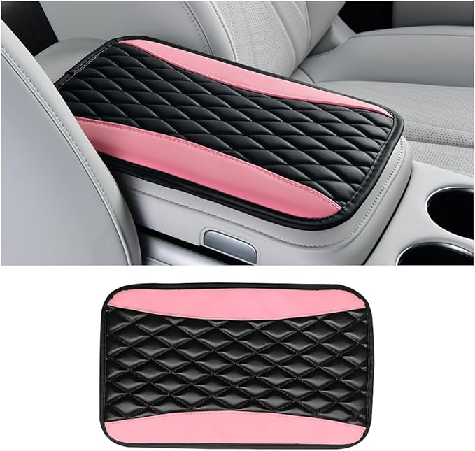 Car Center Console Cover, PU Leather Waterproof Vehicle Armrest Seat Box Protector, Automotive Interior Arm Rest Cushion Protection Accessories, Universal for SUV Sedan Truck (Black/Pink)