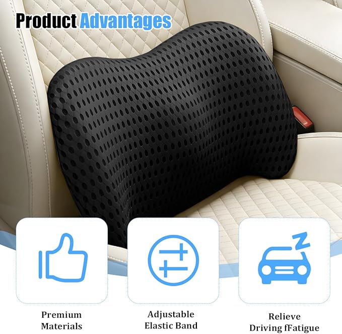 Car Lumbar Support Pillow, Memory Foam Ergonomic Vehicle Lower Back Support Cushion for Back Pain Relief and Sciatica, Automotive Interior Seat Lumbar Pillow, Universal for Vehicles (Black)
