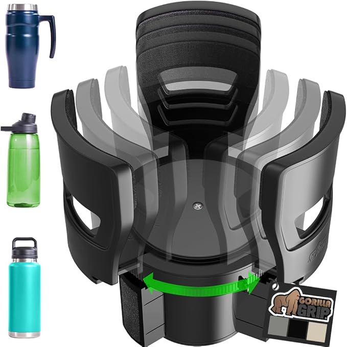 GORILLA GRIP Patent Pending Car Cup Holder Expander, Keeps Large Drink Cups Secure, Expands Fits Yeti, HydroFlask, Stanley 18 to 48oz Large Water Bottles, Coffee Mug, Adjustable Insert, Black