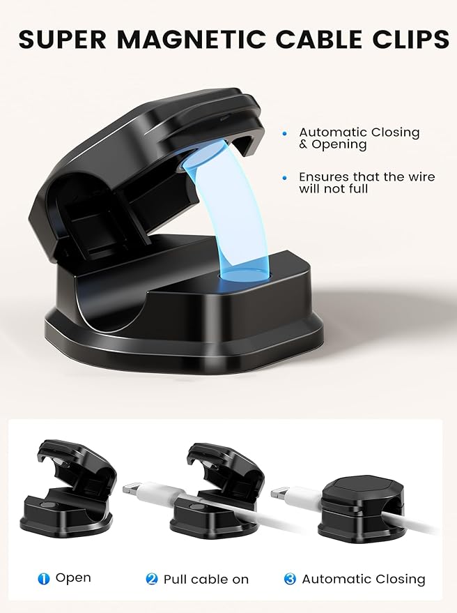 6 Pack Magnetic Cable Clips, Cable Smooth Adjustable Cord Organizer Holder, Hide Phone Charging Cable Keeper, Strong Adhesive Wire Charger Holder for Nightstand, Desk, Car, Office Supplies
