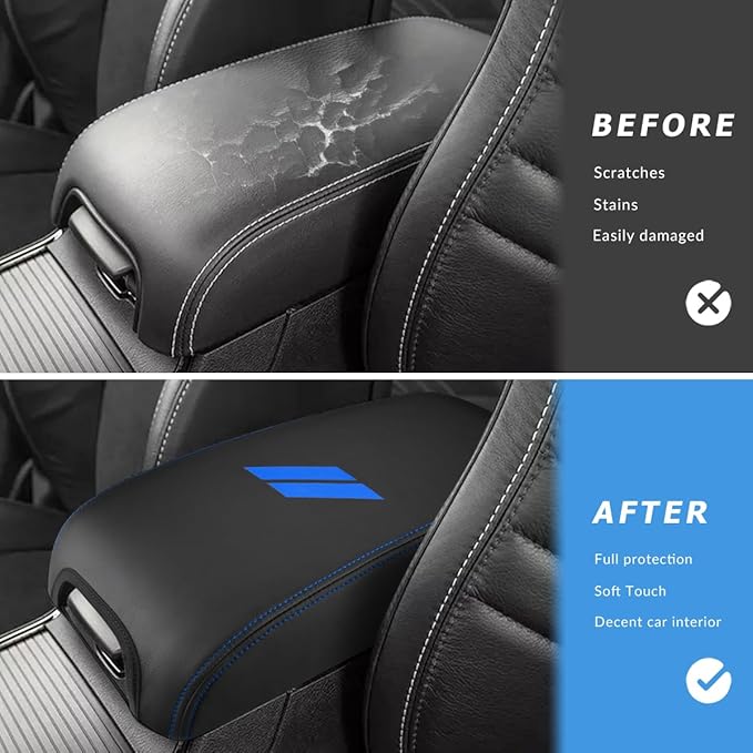 INTGET Car Center Console Cover for 2022 2021 Dodge Charger Accessories 2020 2019 2018 2017 2016 2015 Leather Armrest Cover Console Lid Protector Cushion Pad (Light Blue Stitches, Leather)